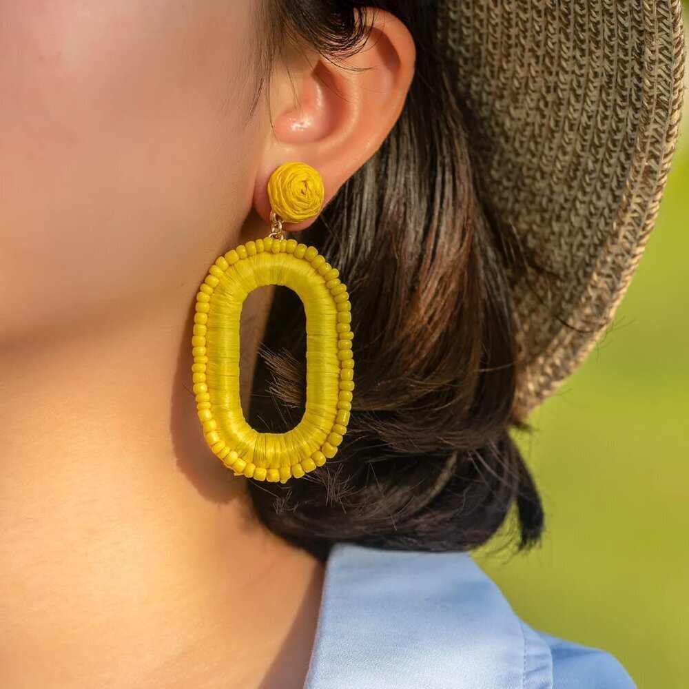 Beaded Raffia Earrings Boho Drop Dangle Summer Ca… - image 2